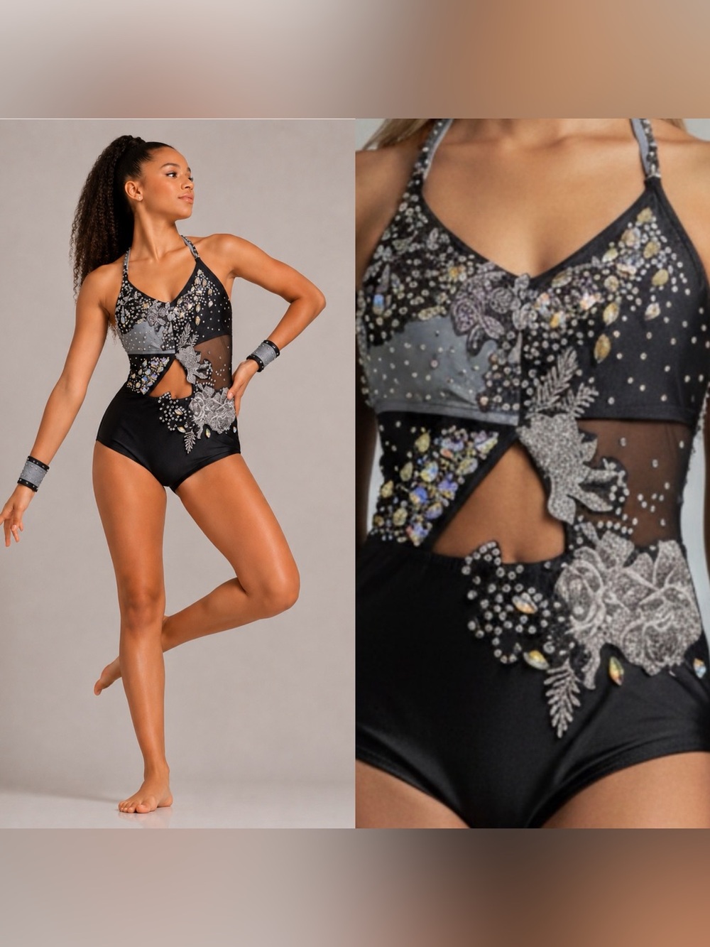 Glamour Contemporary Solo competition jazz acro Costume Black Silver Crystal SA